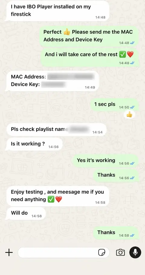 Customer WhatsApp review: Firestick setup with IBO Player, working in minutes.